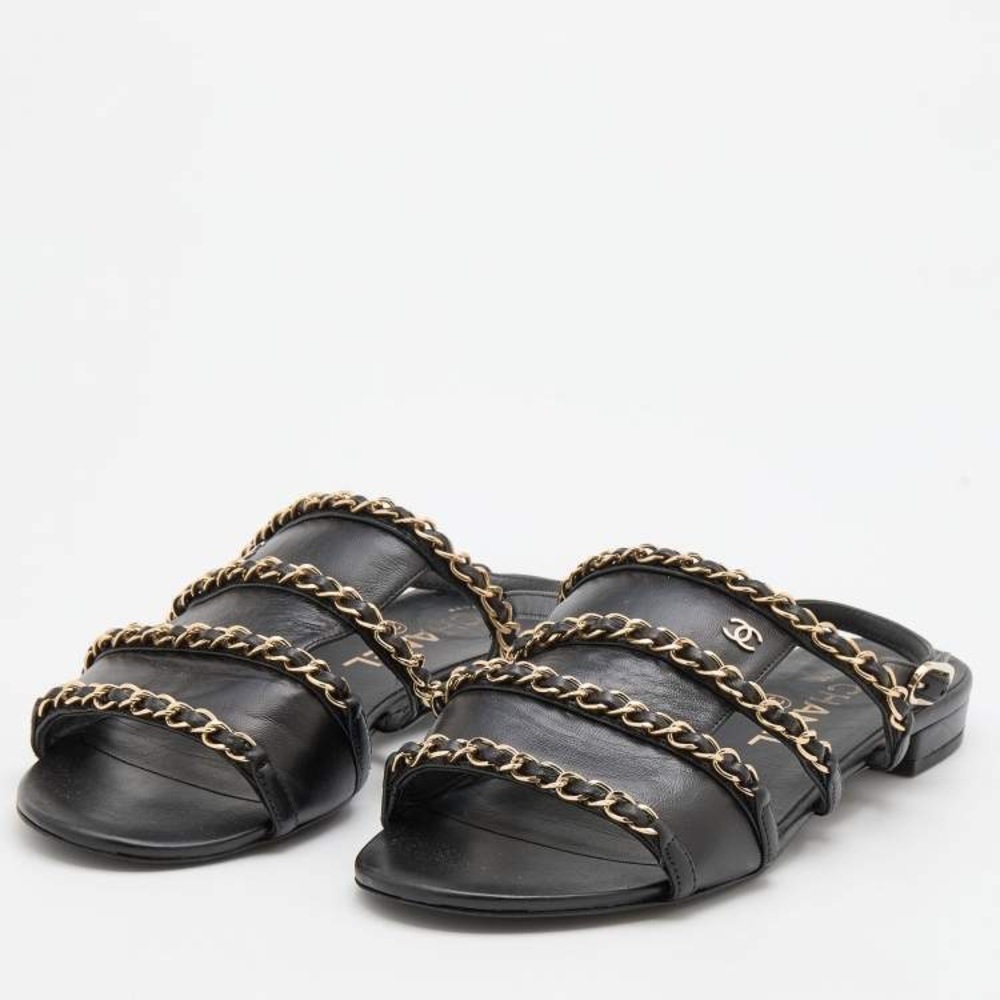 Chanel Black Leather Sandals with Gold Chains-Size 37C